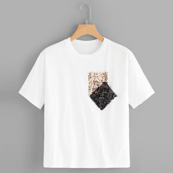 

women's t-shirt sequin pocket woman 90s casual harajuku women tee shirt o-neck solid color t for girls tunics tshirts, White
