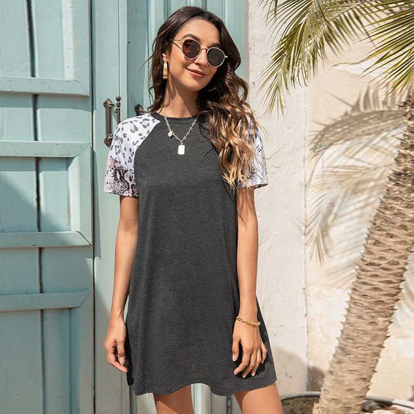 

summer dresses women casual leopard print patchwork loose short sleeve o neck streetwear straight mini dress vestidos female 210526, Black;gray
