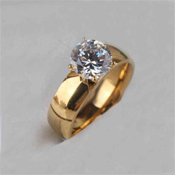 

smooth titanium steel large zircon couple ring men and women promise gold ring valentine's day gift wedding engagement ring gift g1125, Slivery;golden