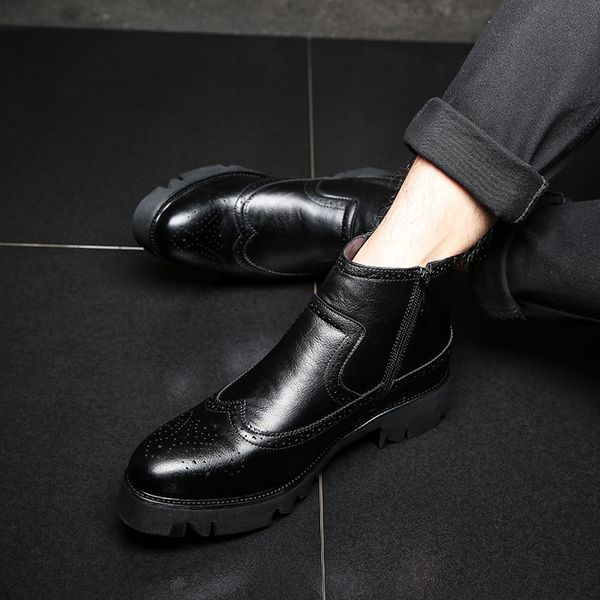 

zip casual men boots pu oxford british men ankle boots brogue fashion platform thick heel height increase shoes for men, Black