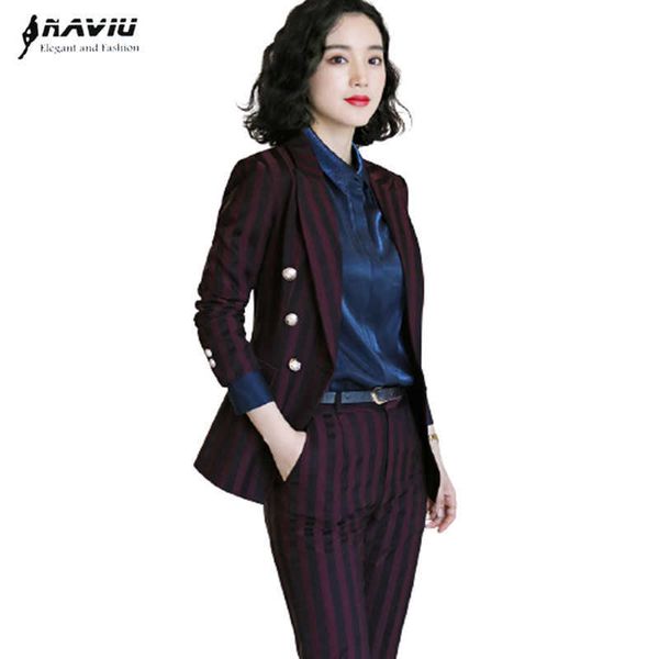 

high end stripe suit business temperament fashion spring long sleeve slim blazer and pants office ladies work wear 210604, White;black