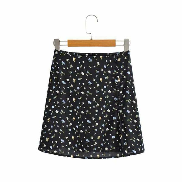 

fashion skirts 2021 summer style high waist short print lower split chiffon women's, Black