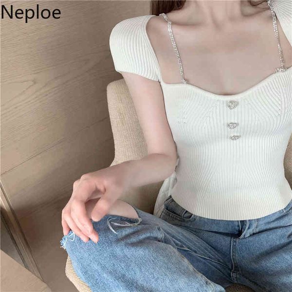 

neploe vintage shirt for women square collar short sleeve slim fit pullover t shirts gentle thin knitted white sweater tees 210422