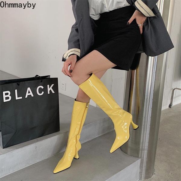 

boots 2021 women knee high patent leather pointed toe side zipper woman thin heels autumn winter ladies long, Black
