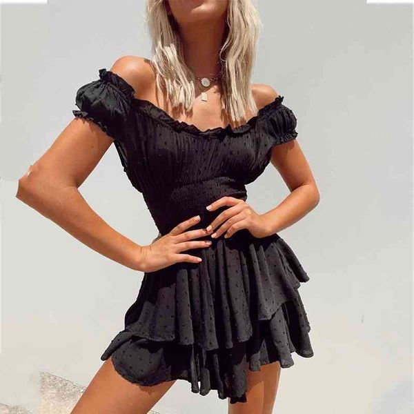 PoLKA DOT DOBBY Летнее Черное Платье с плечевым рюшами Склеивая короткое мини-пляжное платье Винтажное милое платье Vestidos 210415