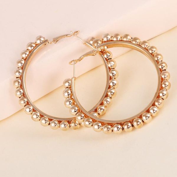 

hoop & huggie punk circle earrings for women vintage gold color round beaded girls fashion jewelry wholesale, Golden;silver