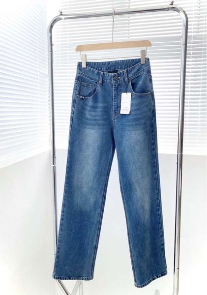 

women's high waist pants back pocket ny embroidery wash blue