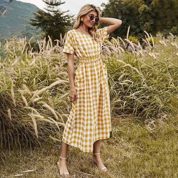 

casual dresses spring vintage slim plaid dress women backless big pocket elegant long for 2021 summer, Black;gray