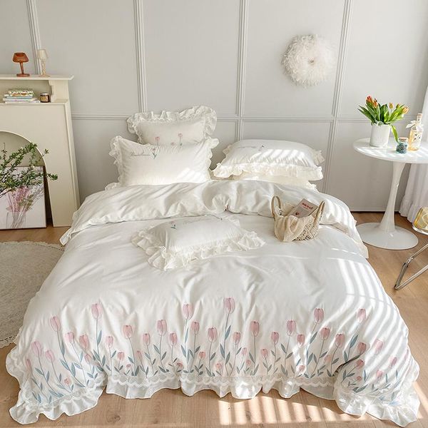

chic tulip sunflowers embroidery white bedding princess bedroom 800tc 100%cotton ultra soft duvet cover bed sheet pillowcases sets