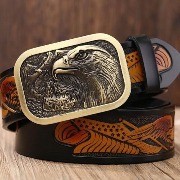 

belts style men's leather embossed belt retro hawk trend youth fashion plate buckle luxury, Black;brown