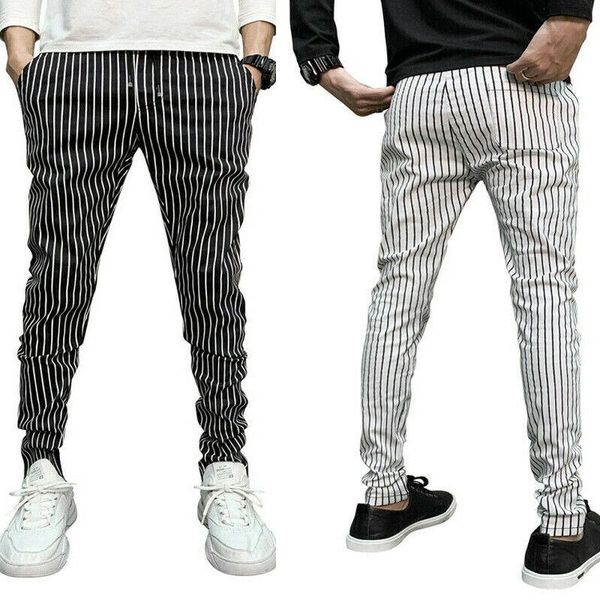 

men's pants casual men striped slim fit drawstring zipper long pencil plus size skinny trousers -4xl, Black