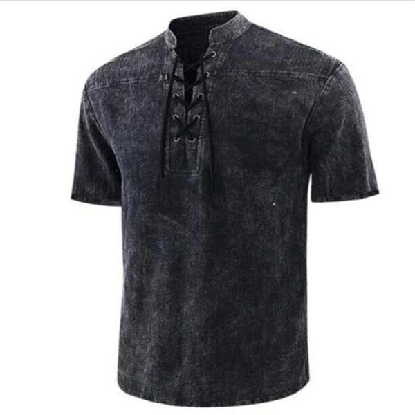 

men's casual shirts 2021 fashion men/youth stand collar retro lace-up pure color short sleeve vintage loose blouse oversize s-5xl, White;black