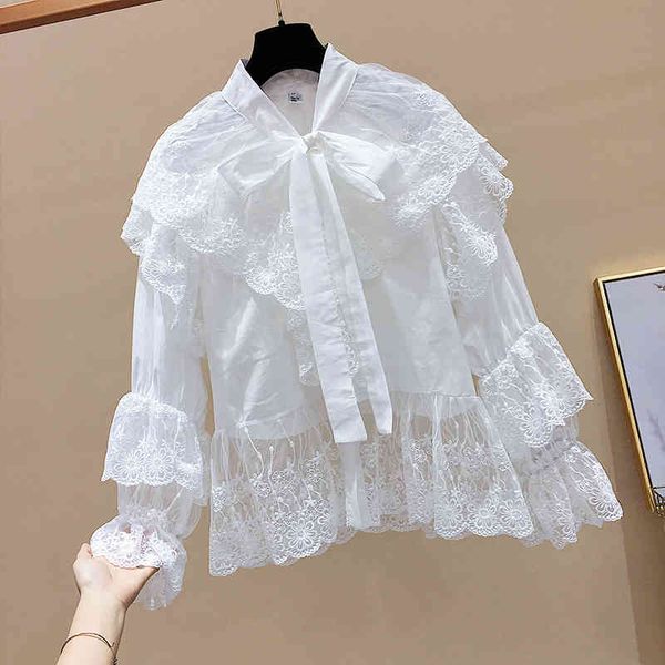 

solid sweet mesh lace bow patchwork full shirts women's spring blouse 210421, White