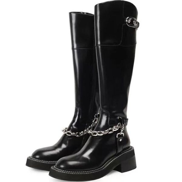 

boots women's black knee high round toe metal chain knight shoes m29