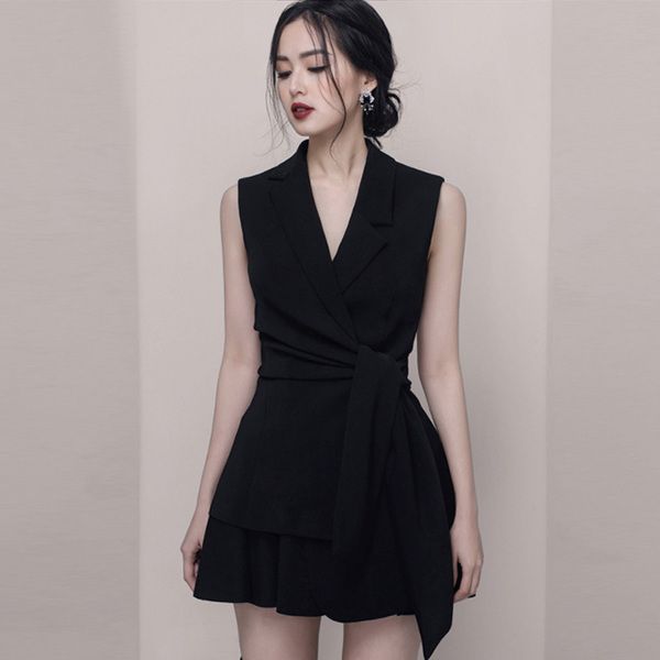 

dresses summer lace-up business 2 runway women suit collar sleeveless long blazers vest + mini skirt two piece set, White