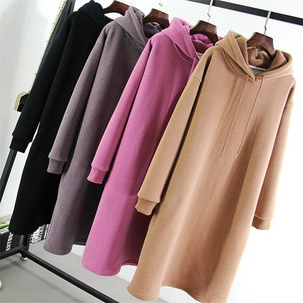 

winter ladies long sleeve pullover midi dress with pocket 4 color solid female clothing hooded high straight casual dresses, Black;gray