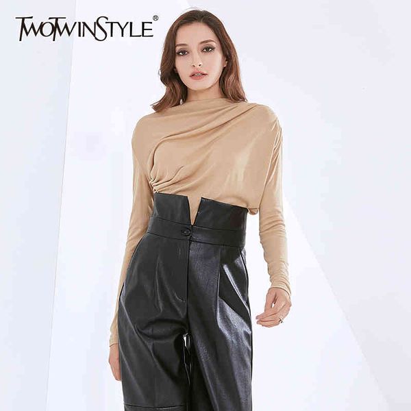 

twowinsyle basic minimalist shirt for women o neck long sleeve slim large size shirts female fall fashion clothes 210524, White