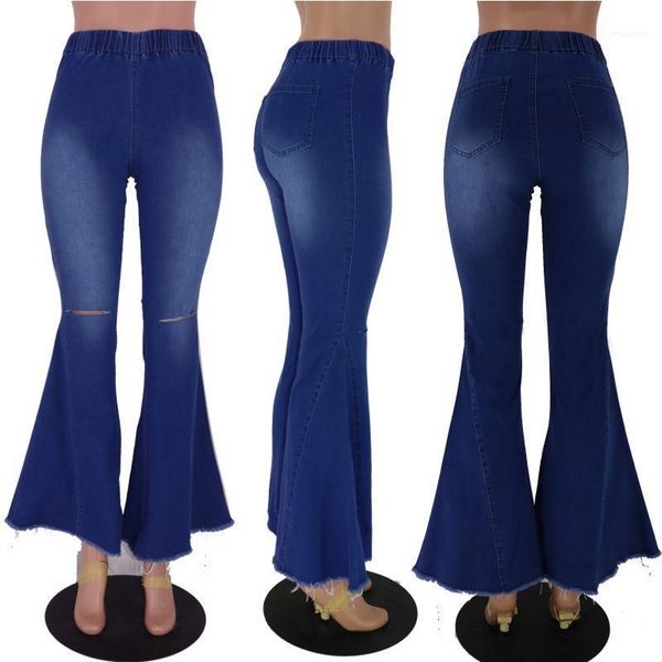 

women's jeans high elastic waist long length casual skinny wash broken hole vintage flared pants spodnie damskie female1, Blue