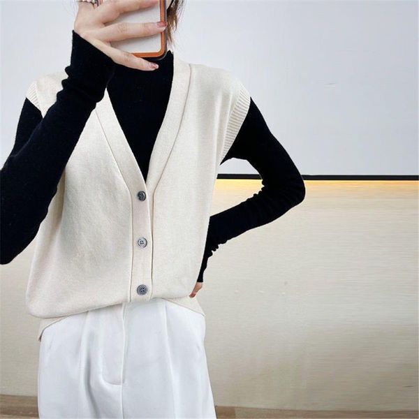 

women's vests spring autumn v-neck sleeveless loose sweater waistcoat women pull femme korean solid pocket knitted vest cardigan, Black;white