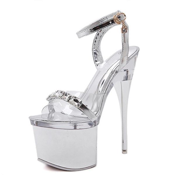 

womens summer silver rhinestones catwalk model pole dance on the crystal platform 18 cm extreme thin high heels sandals f50, Black