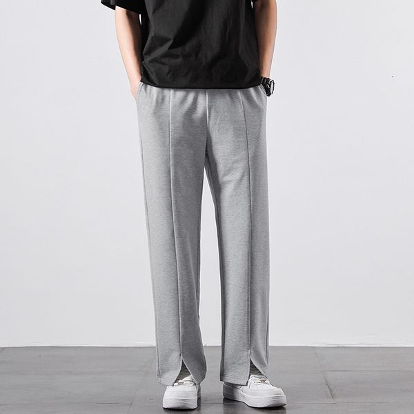 

men's jeans pants new straight loose sweatpants male casual solid color drawstring trousers men elastic waist patchwork slits po5a, Blue