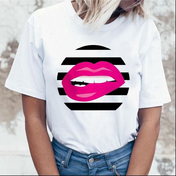 

women t shirt fashion lips print female clothes aesthetic summer harajuku 90s ulzzang graphic white drop