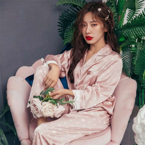 

qweek women's pajamas for girls home suit pyjama satin femme sweetheart lounge set polka dot pijamas mujer sleepwear nightgown 210928, Black;red