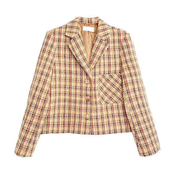 

perhaps u women plaid pocket button long sleeve notch collar blazer short cropped single-breasted yellow red c0322 210529, White;black