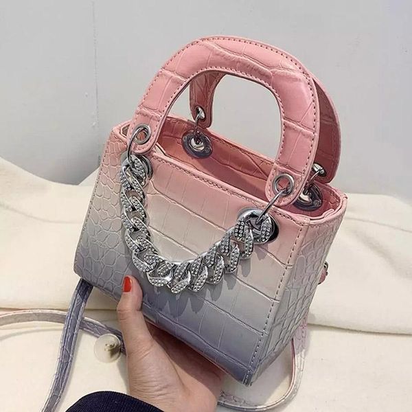 

stone pattern square tote bag leather women's designer handbags female luxury diamond chain shoulder messenger bags cross body