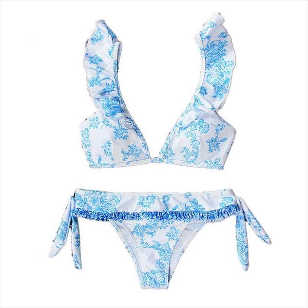 

women ruffles sky blue flower swimwear printed triangle push up padded bra bandage bikini beach wear bathing set, White;black