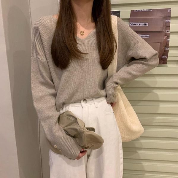 

women's sweaters bottomed blouse autumn and winter 2021 v-neck sweater loose pullover with spring versatile top, White;black