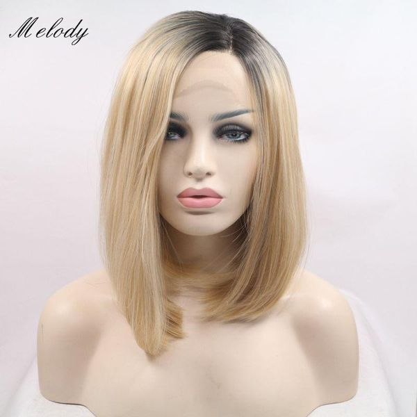 

synthetic wigs melody short bob wig ombre blonde side part with dark roots lace front heat resistant fiber for women 14 inches, Black