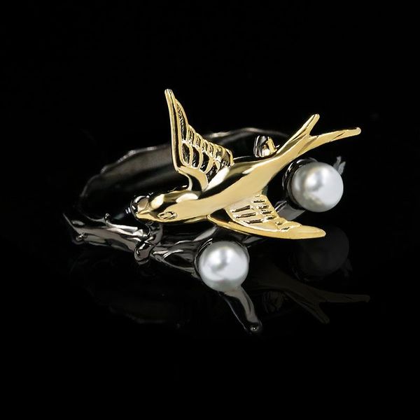 

sterling silver cute bird animal black gold finger rings for women real freshwater pearls vintage cocktail ring jewelry gift cluster, Golden;silver
