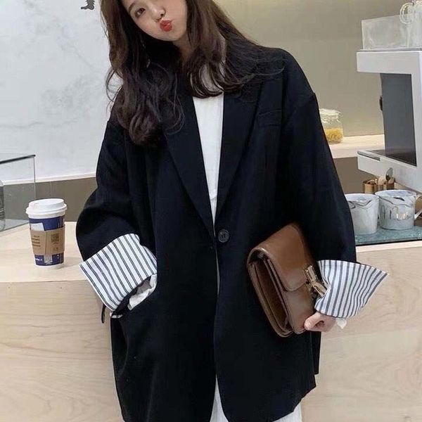 

blazers women trendy patchwork korean chic spring loose poets ladies elegant coats single button minimalist oversized 2xl, Black