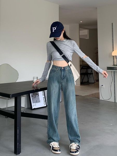 

women's jeans loose, slim, high-waisted straight leg, Blue