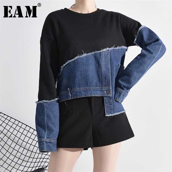 

[eam] loose fit denim burr split asymmetrical sweatshirt round neck long sleeve women big size fashion spring 1m87901 211109, Black
