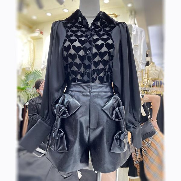

women's tracksuits street chic women lantern sleeves hearts pattern patchwork blouse + cute bowknot pu leather shorts casual set, Gray