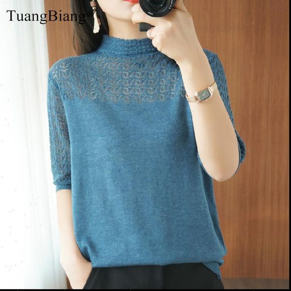 

summer knitted short sleeve womens sweaters thin hollow out lace turtleneck pullover ladies knit cotton purple jumpers, White;black