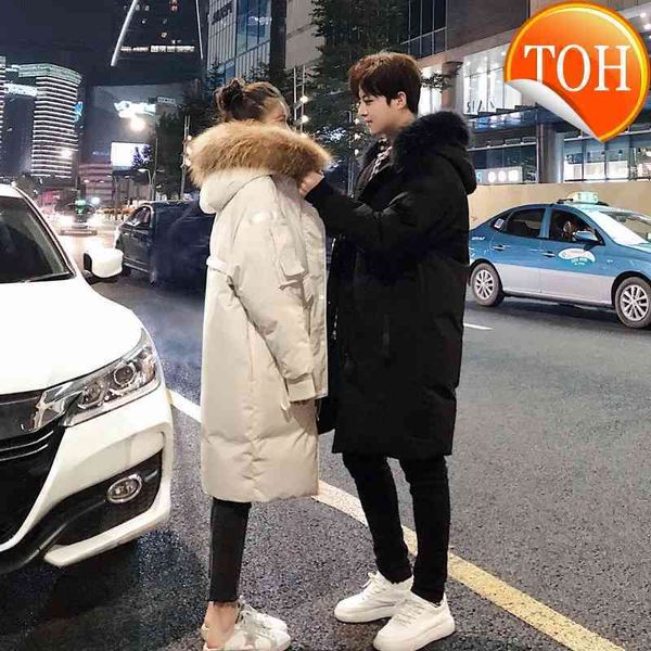 

off-season clearance down jacket men 2021 winter new thick mid-length couples over the knee all-match trend high-end coat casual, Black