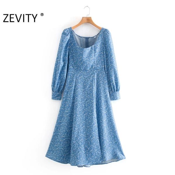 

zevity autumn women vintage square collar floral print split slim midi dress female puff sleeve back elastic chic vestido ds4594 210419, Black;gray