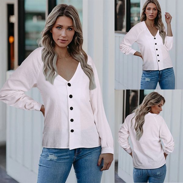 

2021 european and american selling women's casual solid color v-neck single breasted long sleeve slim fitting shirt top, White