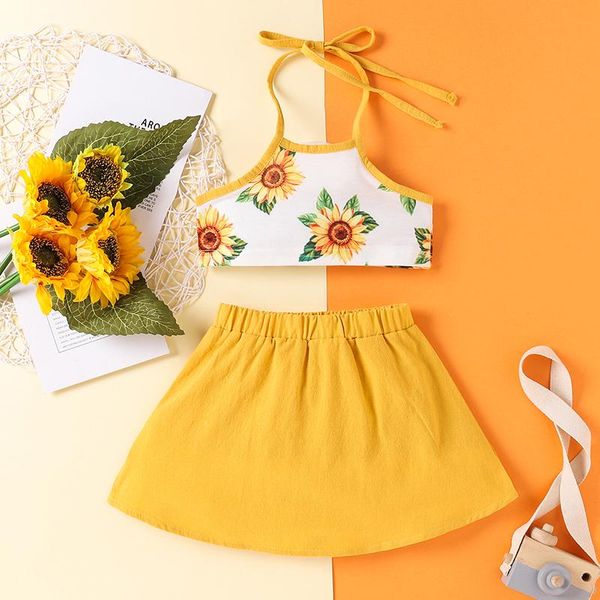 

clothing sets focusnorm 2pcs summer baby girls clothes sunflowers printed strap sleeveless belt a-line skirts 1-6y, White