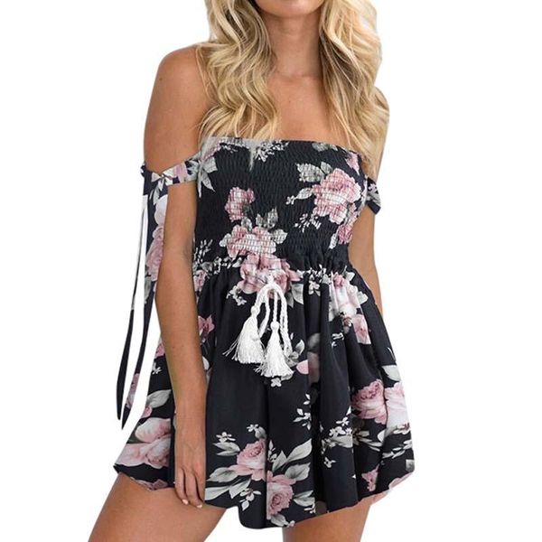 

women's jumpsuits & rompers womens boat neck playsuits summer beach floral prints jumpsuit bodycon romper chiffon sashes loose casual 6, Black;white