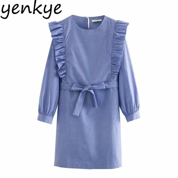 

casual dresses fall vintage women blue striped dress long sleeve o neck with belt ruffle autumn sweet lady plus size straight vestido, Black;gray