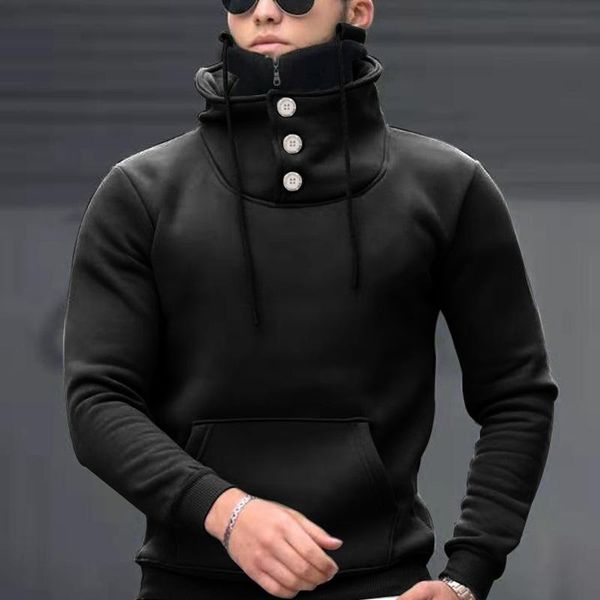 

men's hoodies & sweatshirts mens solid button turtleneck sweatshirt autumn winter fashion slim casual long sleeve drawstring men stree, Black