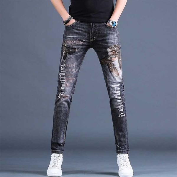 Eleganti jeans stampati in denim lavato elastico da uomo di alta qualità, jeans casual slim fit di lusso leggero, i giovani ragazzi devono; 211111