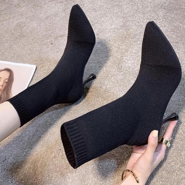 

boots ankle women shoes woman fashion high-heeled stretch socks 2021 autumn short pointed toe d432, Black