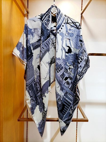 

scarves high-end elegant women exquisite horse country gentle grey-blue tone quality silk cashmere generous scarf shawl, Blue;gray