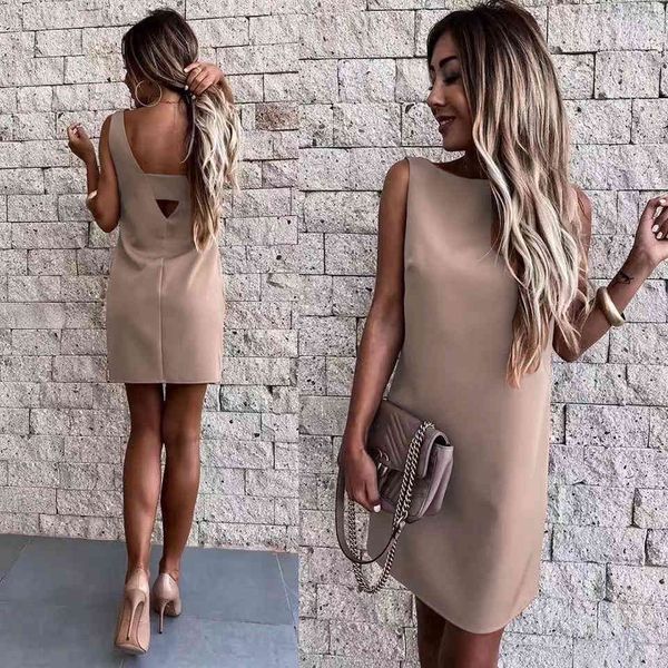 

boutique dress 2021 summer solid round neck open back short skirt women's professional, Black;gray