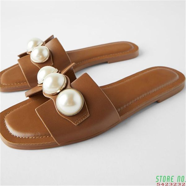 

slippers women 2021 pearl slipper and sandals brown flat with slides open toe femal summer beach shoes, Black
